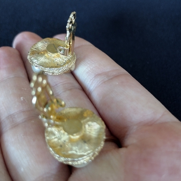 Gold and Pearl Clip On Earrings - Picture 5 of 6